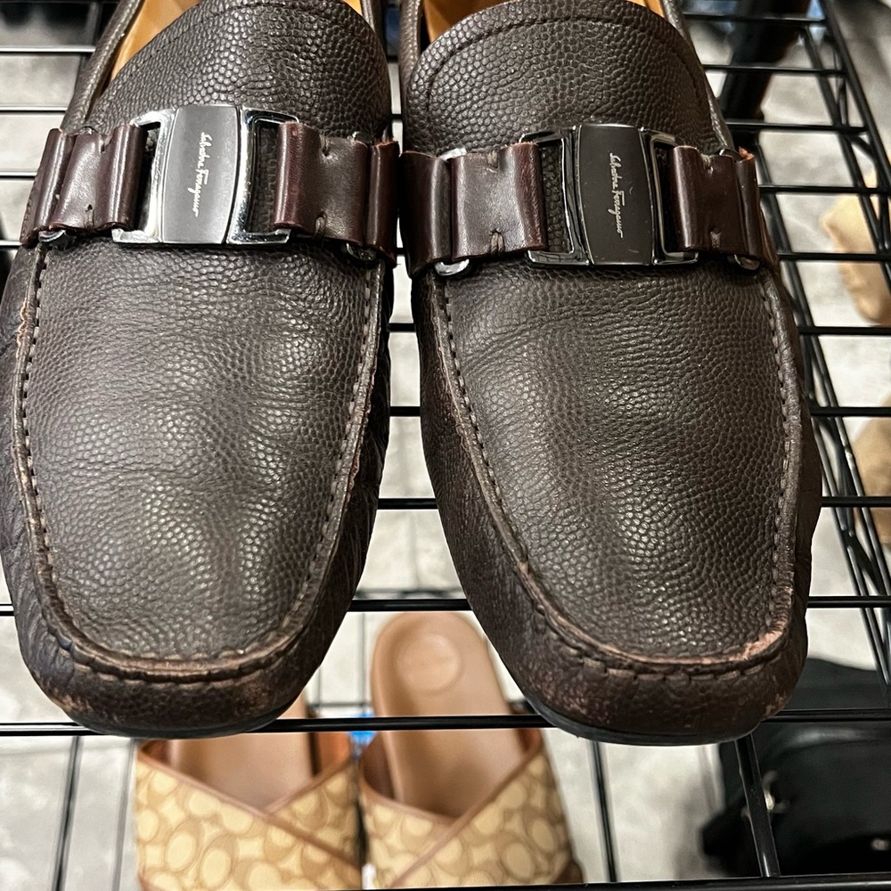 Salvatore Ferragamo Brown Leather Loafers with Buckle Detail